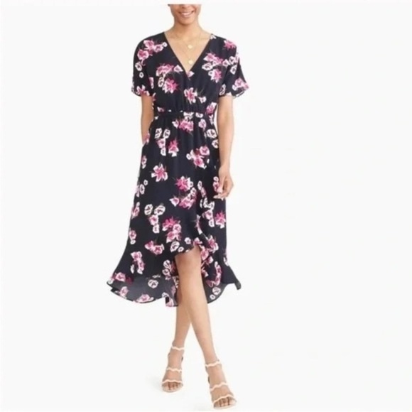 J. Crew High-Low Faux Wrap Ruffle Dress M Navy & Pink - Picture 1 of 9
